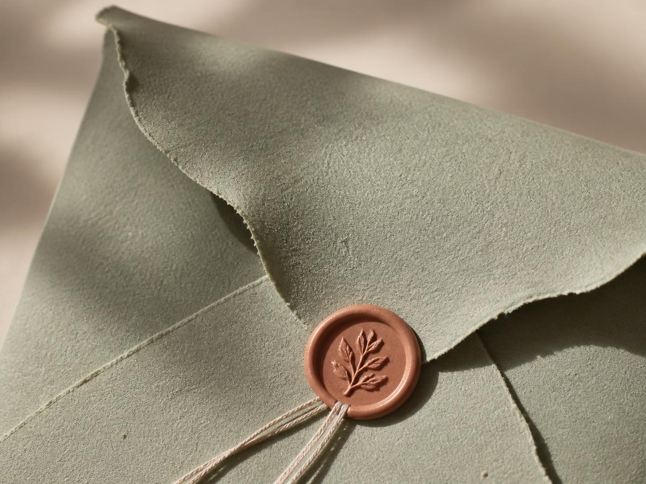 Sage handmade paper envelope flap sealed with a terracotta wax seal and linen thread