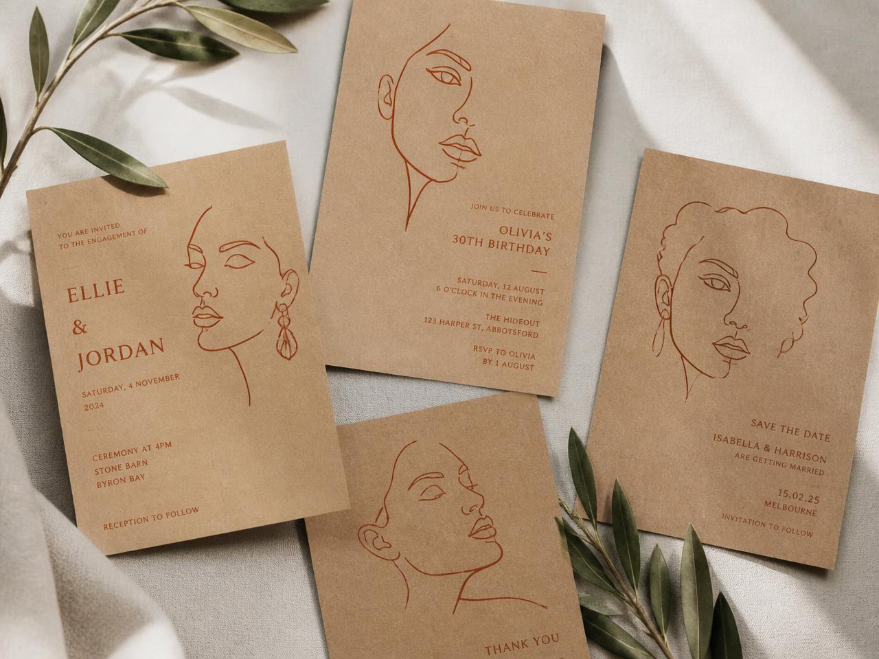 Kraft paper invitations with single-line female faces printed in terracotta ink