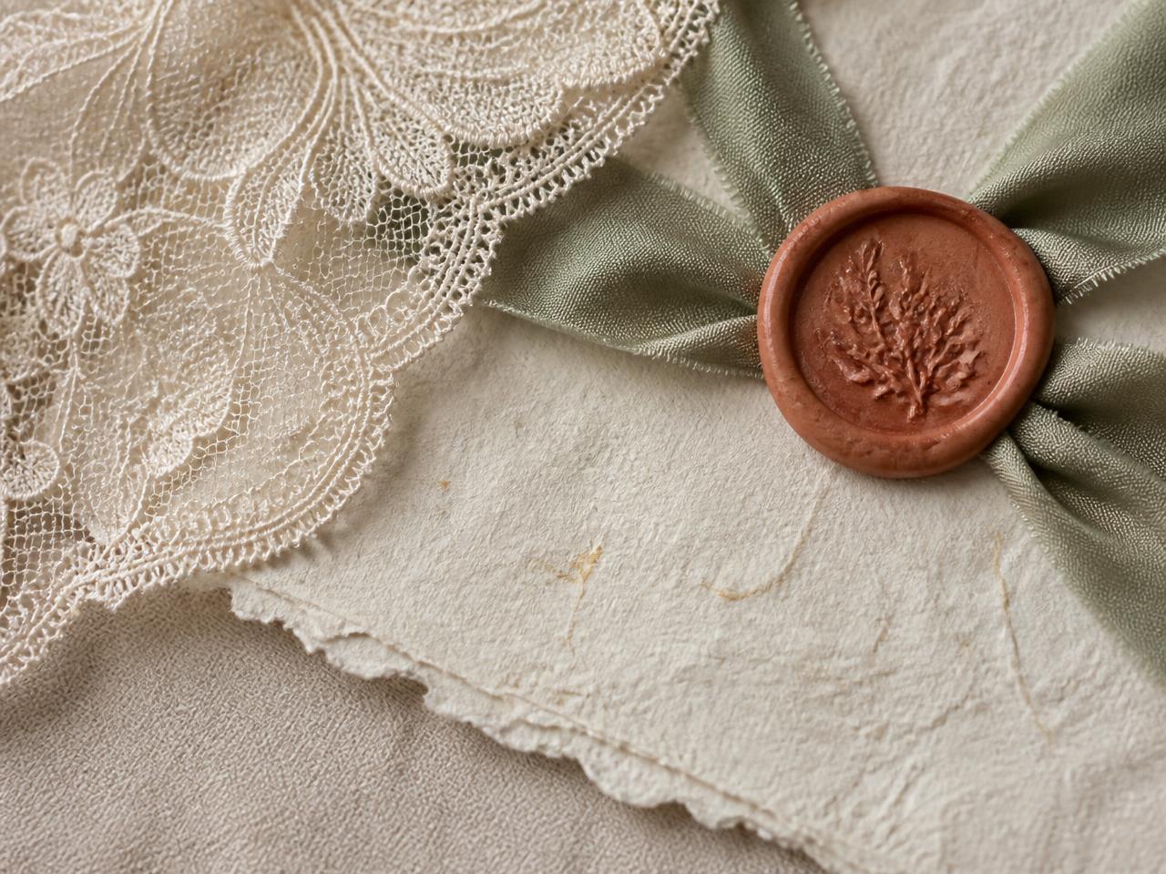 Lace edge over deckled paper with a sage silk ribbon and terracotta wax seal