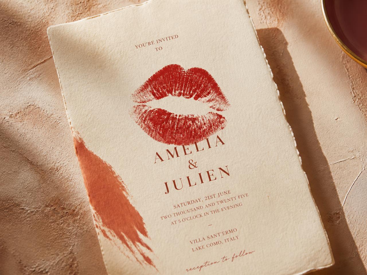 Invitation on cream handmade paper with a red lipstick kiss and terracotta brushstroke