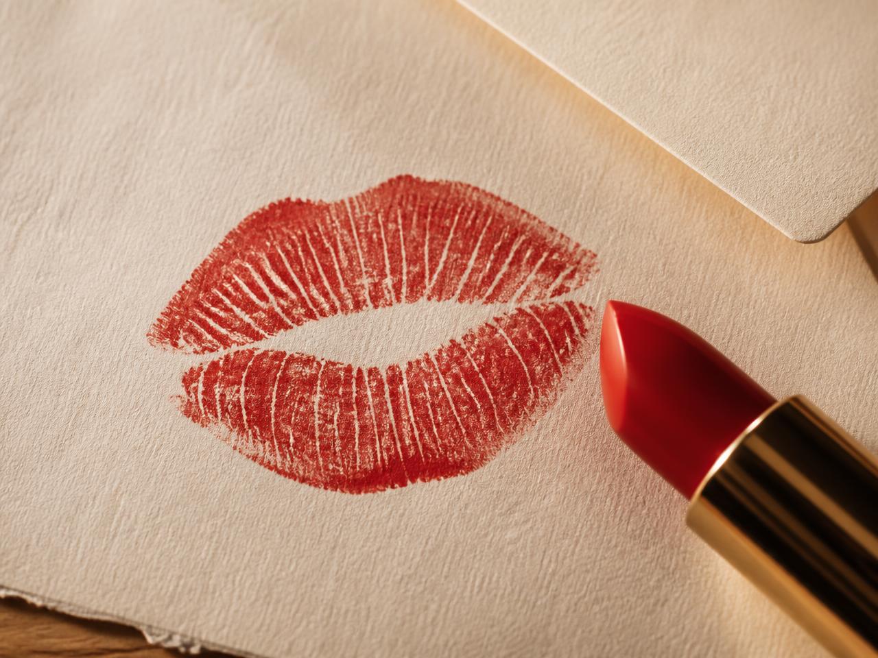 Close-up of a red lipstick kiss printed on textured cotton paper