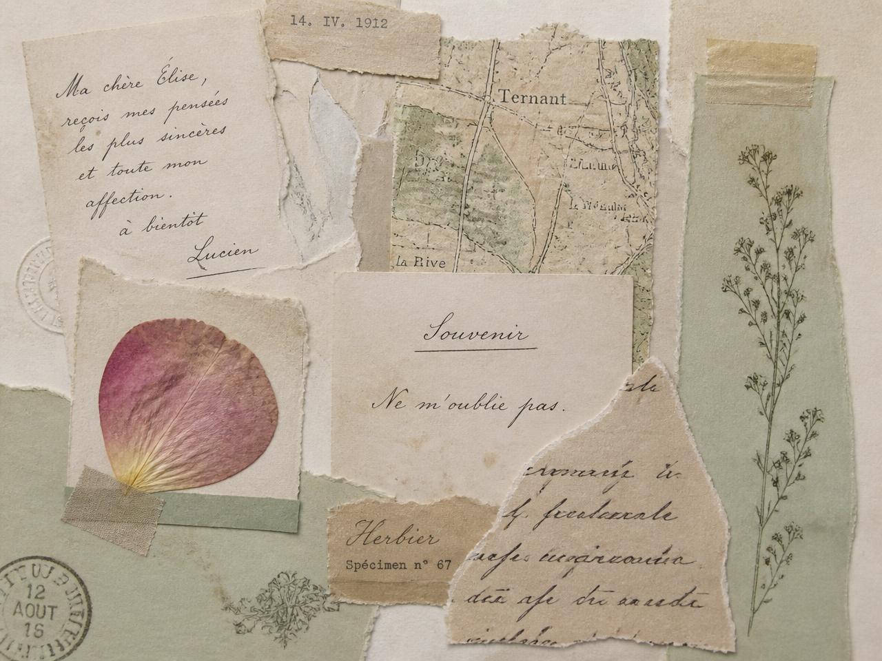 Collage of antique letters, map fragments and a pressed rose petal on layered papers