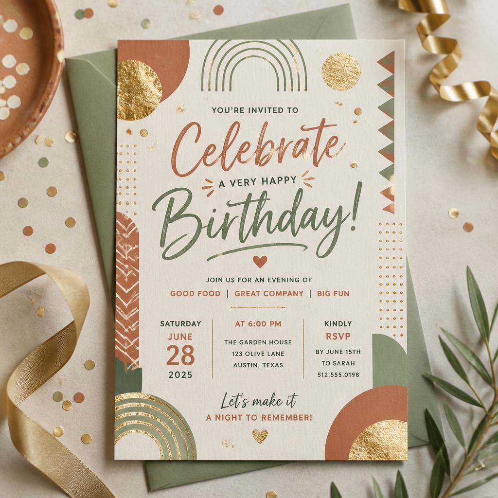 Vibrant birthday party invitation in terracotta and sage tones