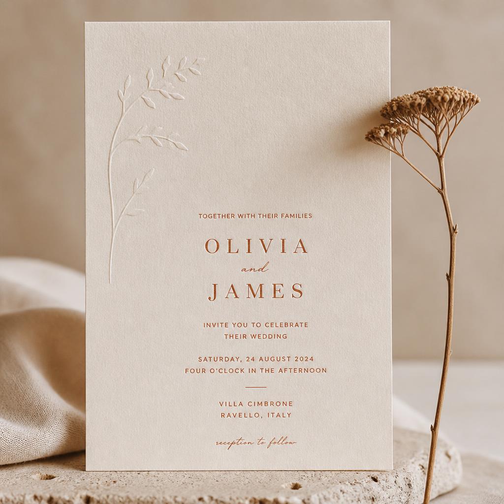 Minimalist wedding invitation with terracotta typography