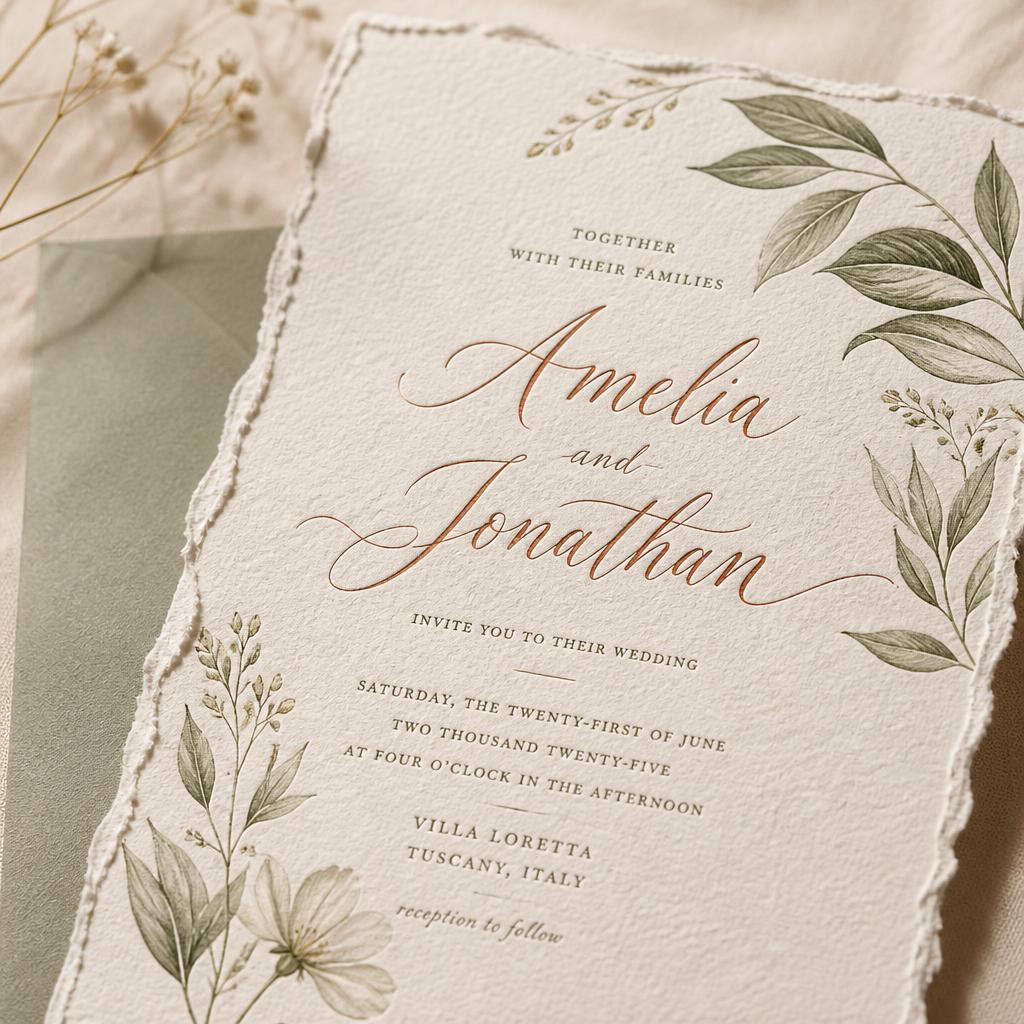 Romantic wedding invitation with botanical illustrations