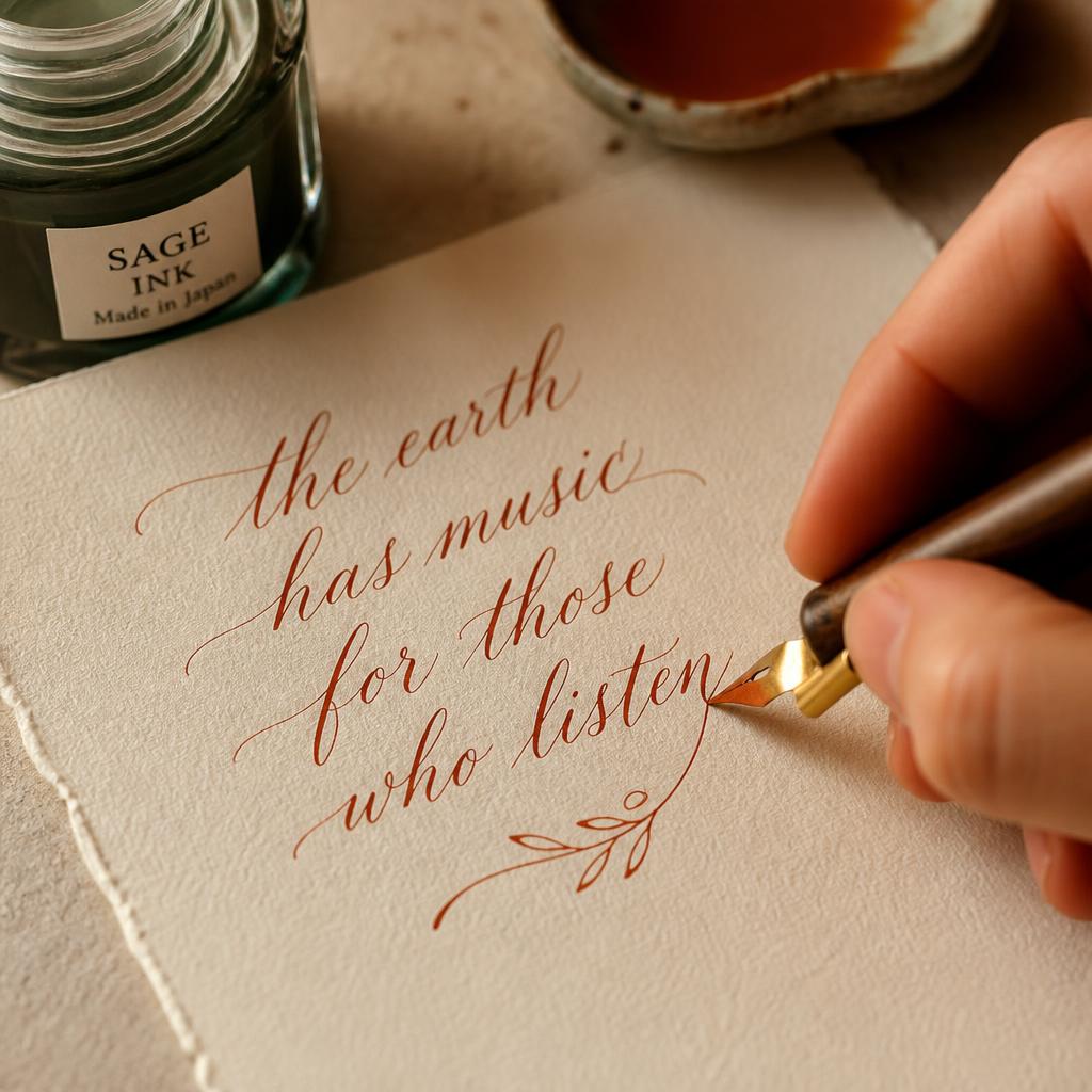 An artist's hand writing calligraphy in terracotta ink
